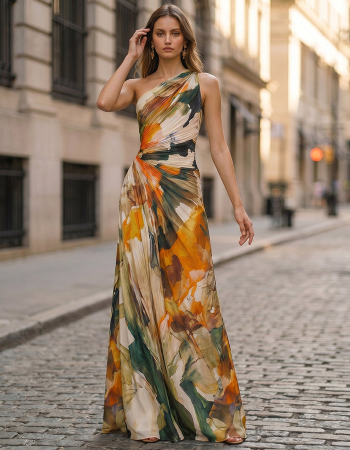 Oil Painting Style Orange And Green Floral Single Shoulder Chiffon Maxi Dress