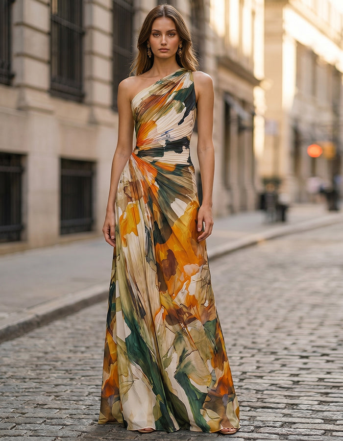 Oil Painting Style Orange And Green Floral Single Shoulder Chiffon Maxi Dress