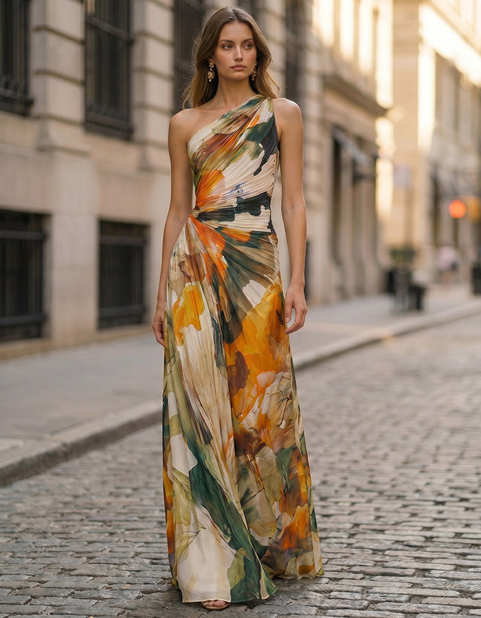 Oil Painting Style Orange And Green Floral Single Shoulder Chiffon Maxi Dress