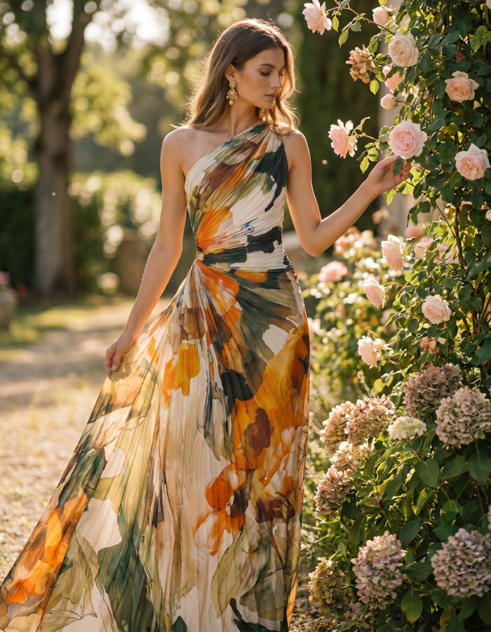 Oil Painting Style Orange And Green Floral Single Shoulder Chiffon Maxi Dress