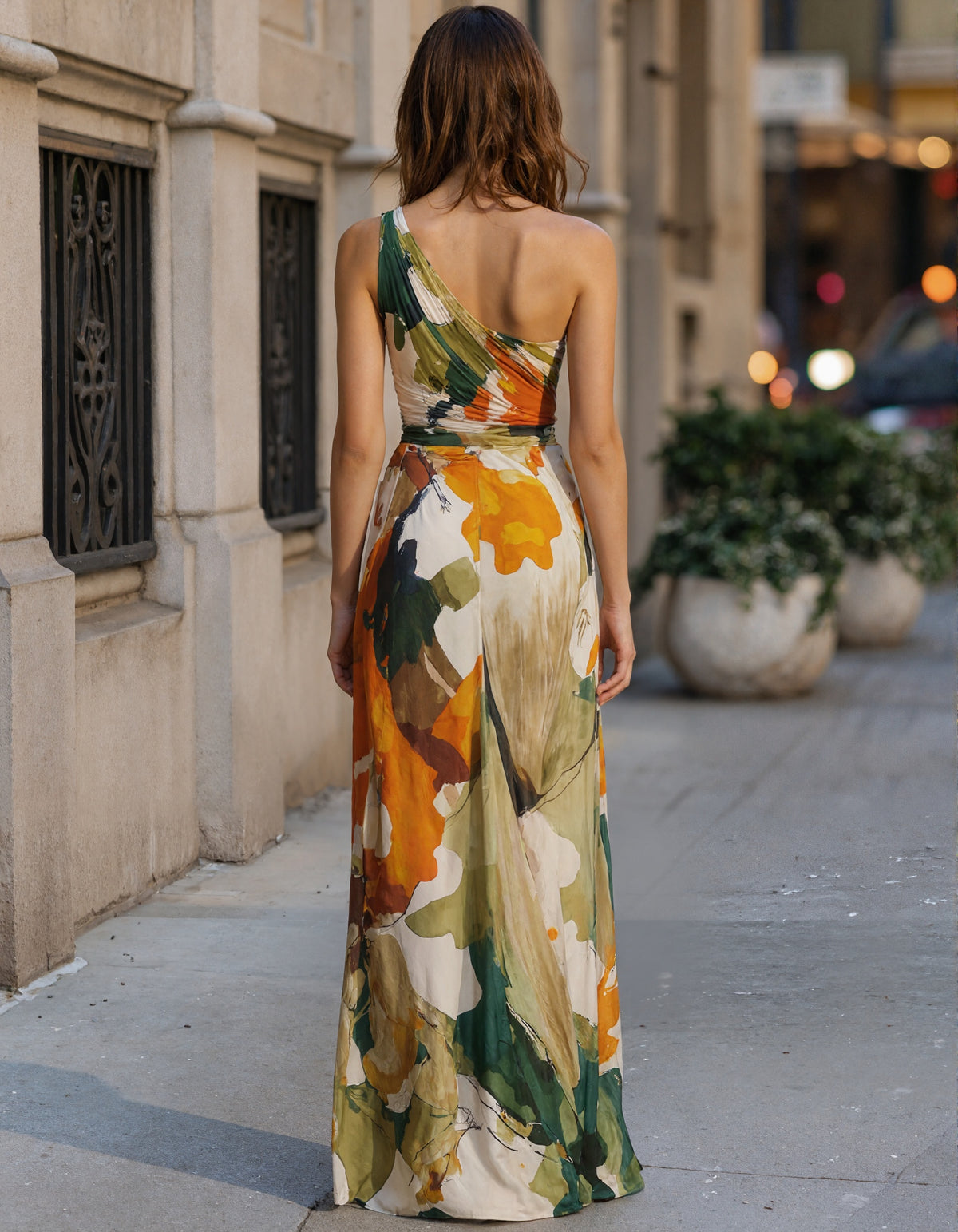 Oil Painting Style Orange And Green Floral Single Shoulder Chiffon Maxi Dress