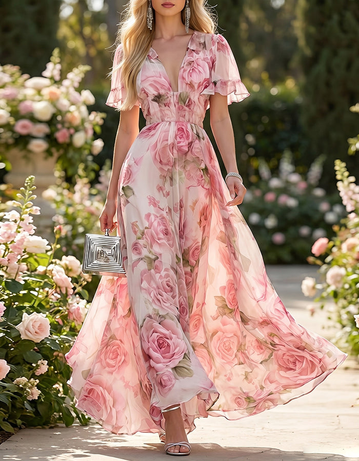 Pink Rose Print V-Neck Chiffon Maxi Dress