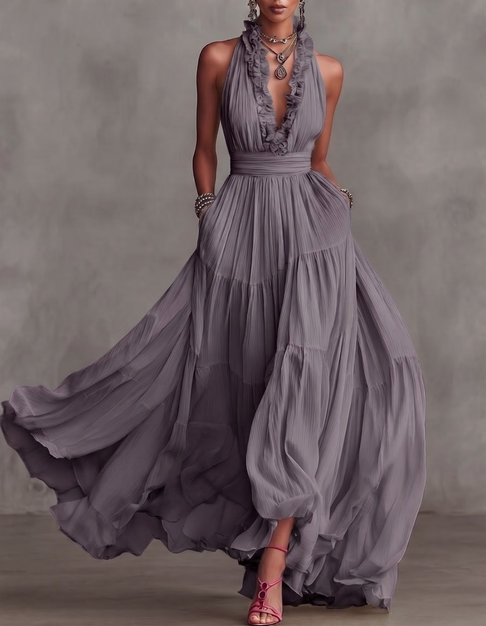 Chiffon V-neck Halter Neck Ruffled Trim Cinched Waist Maxi Dress