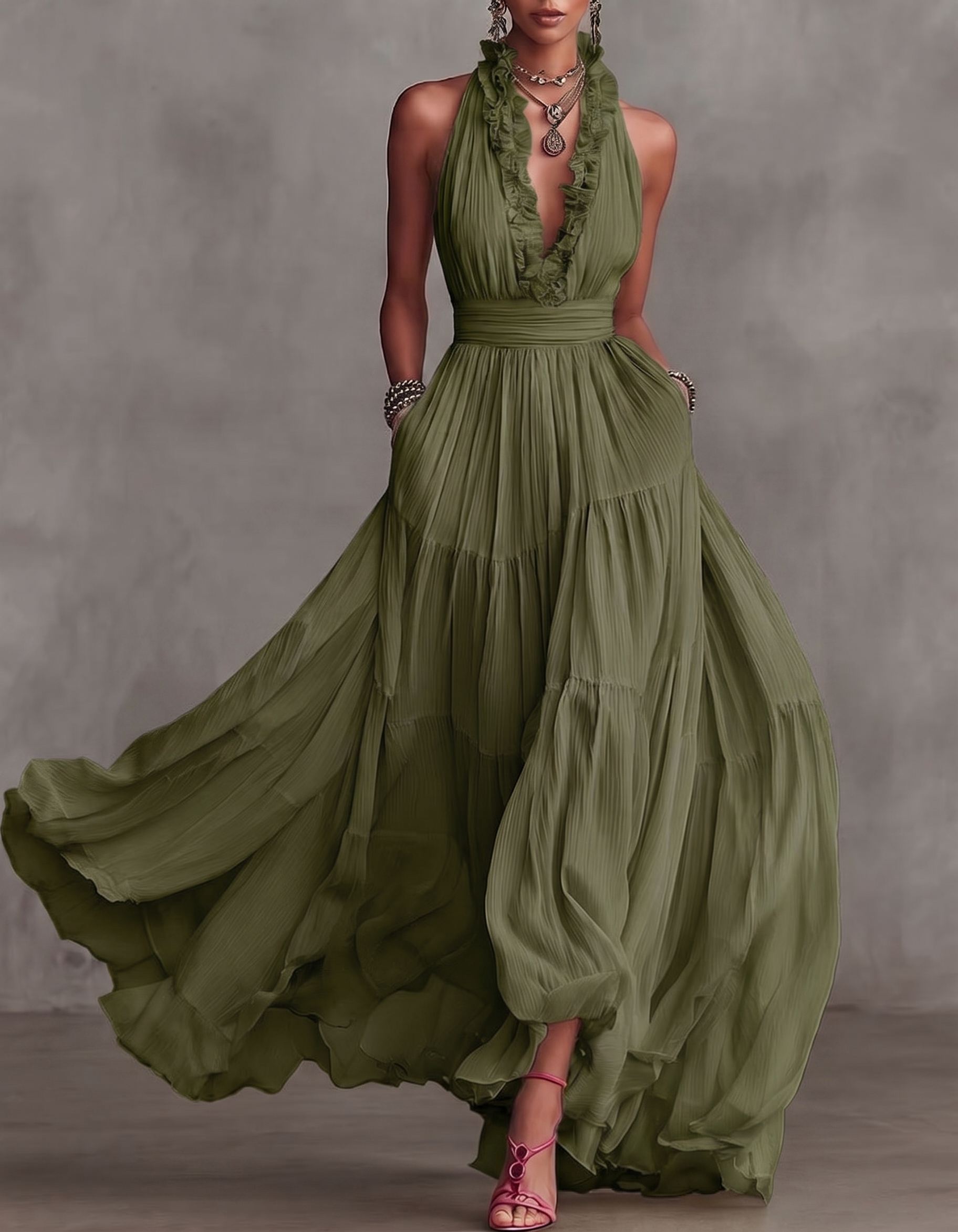 Chiffon V-neck Halter Neck Ruffled Trim Cinched Waist Maxi Dress