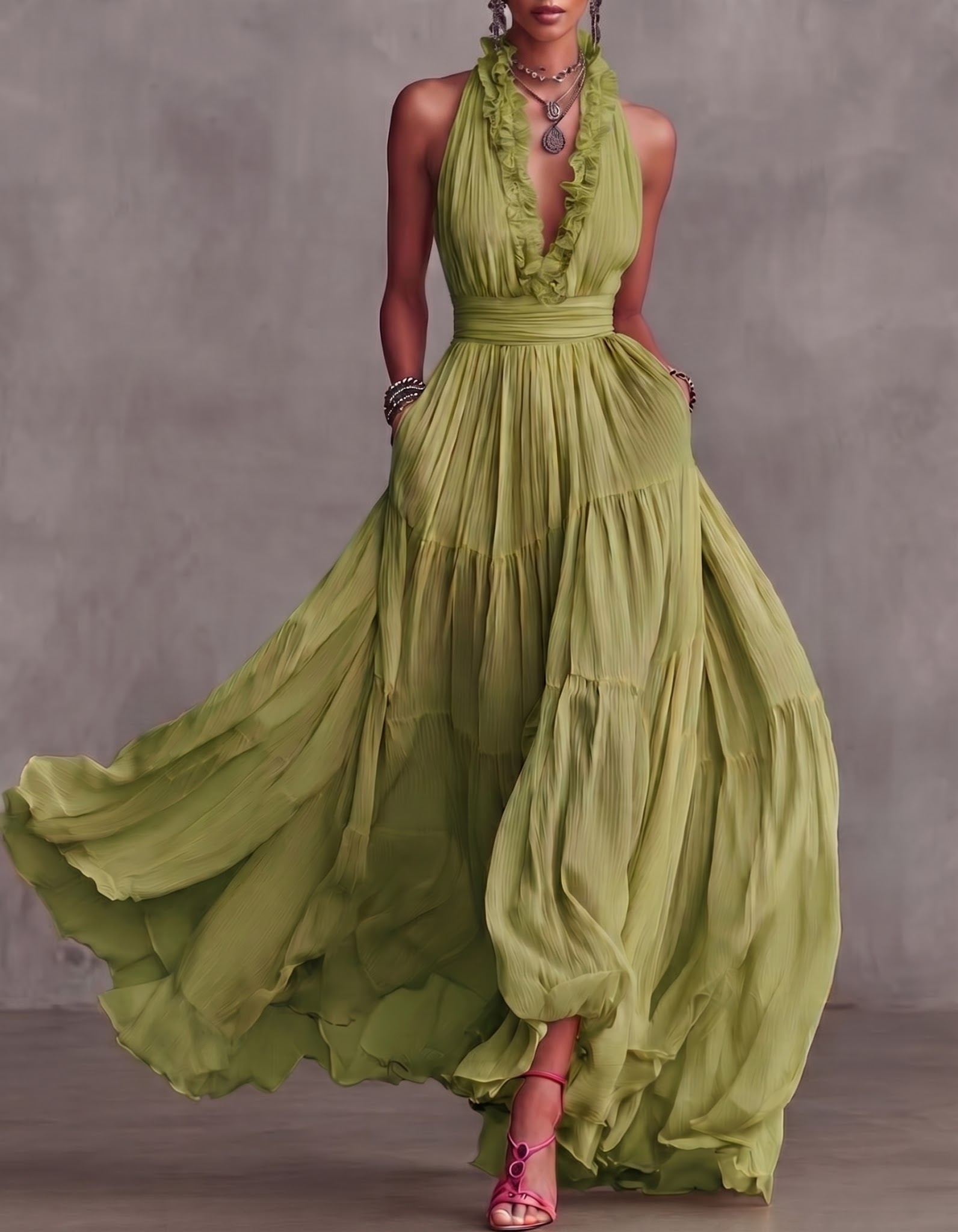 Chiffon V-neck Halter Neck Ruffled Trim Cinched Waist Maxi Dress