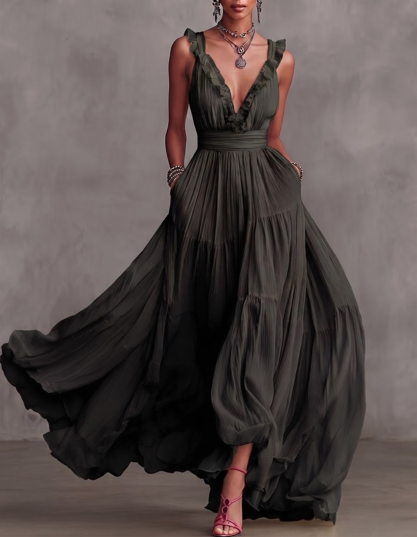 Chiffon V-neck Halter Neck Ruffled Trim Cinched Waist Maxi Dress