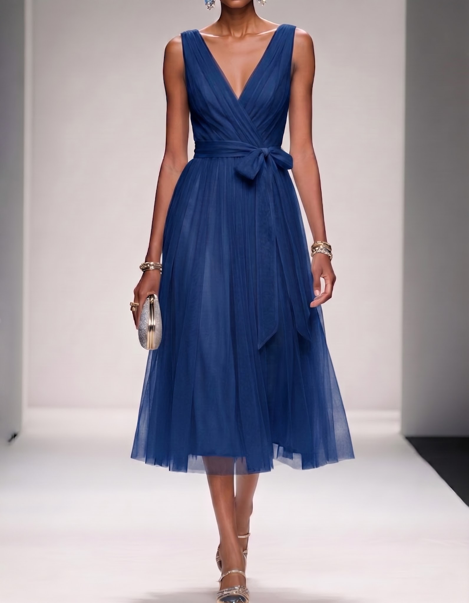 Mesh Chiffon V-Neck Belted A-Line Midi Dress