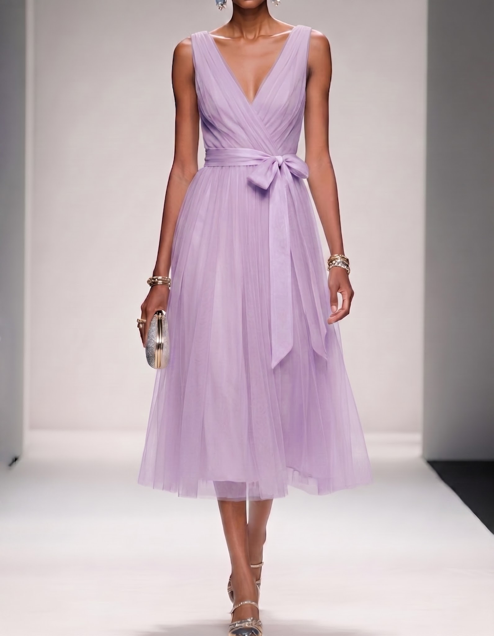 Mesh Chiffon V-Neck Belted A-Line Midi Dress