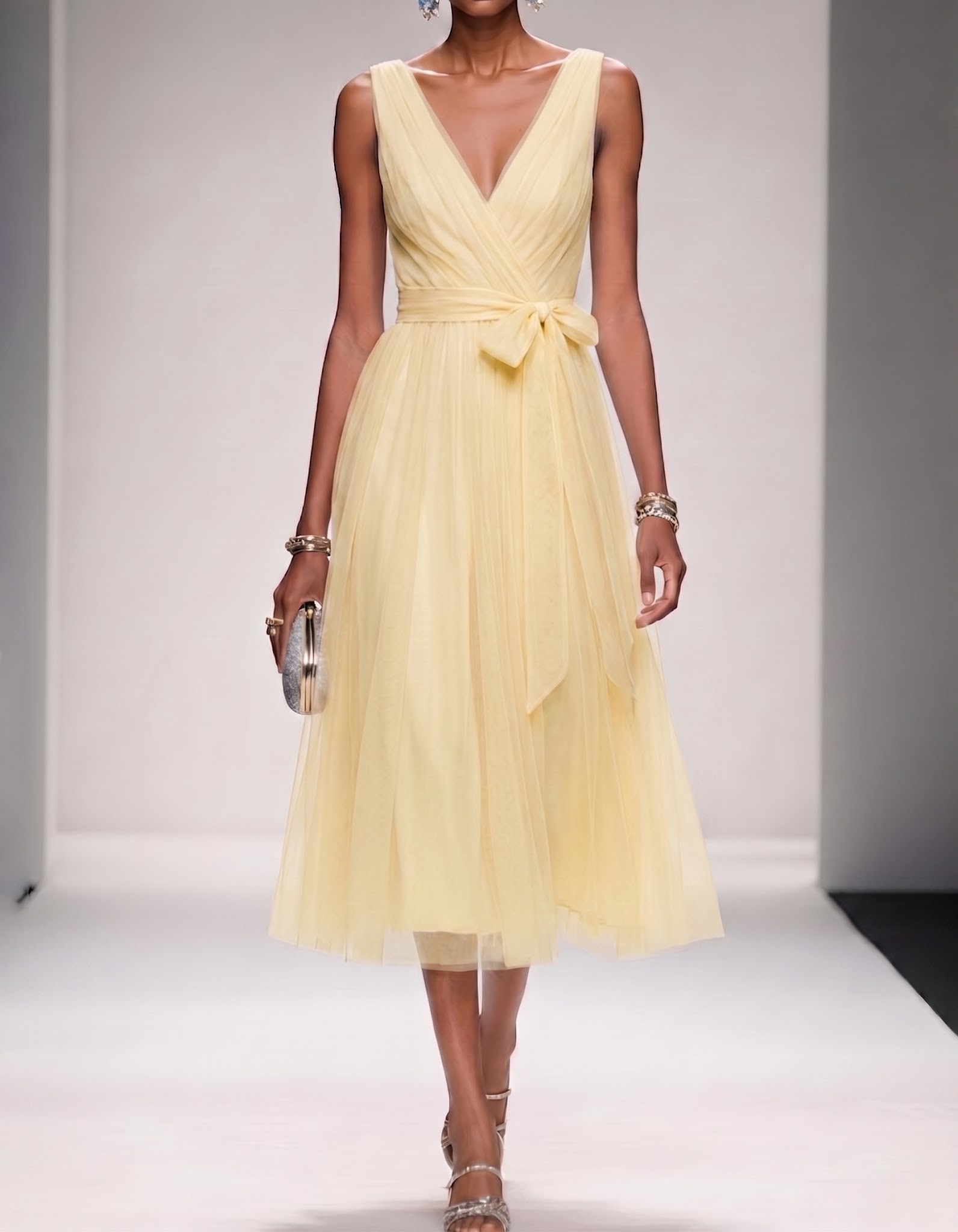 Mesh Chiffon V-Neck Belted A-Line Midi Dress