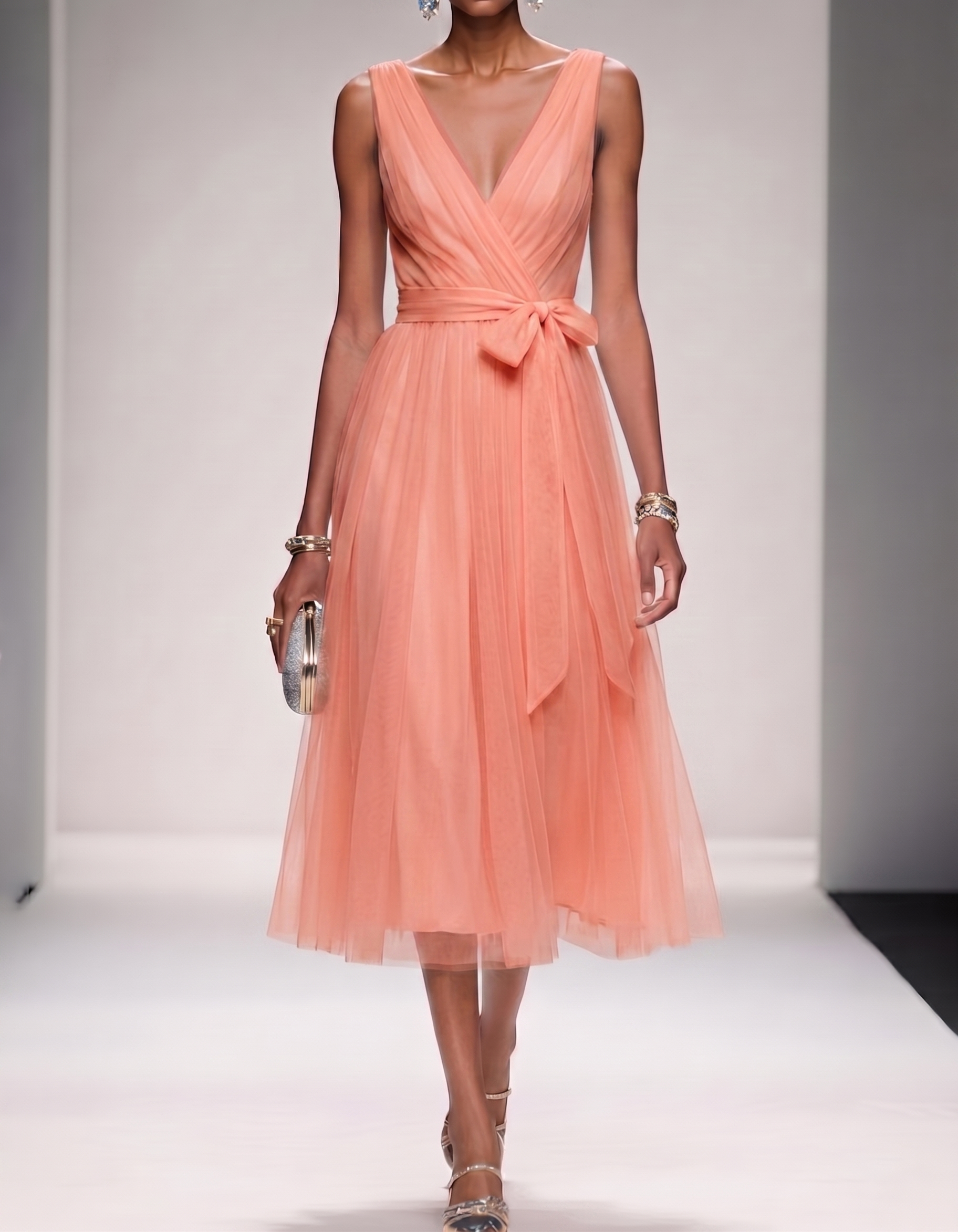Mesh Chiffon V-Neck Belted A-Line Midi Dress