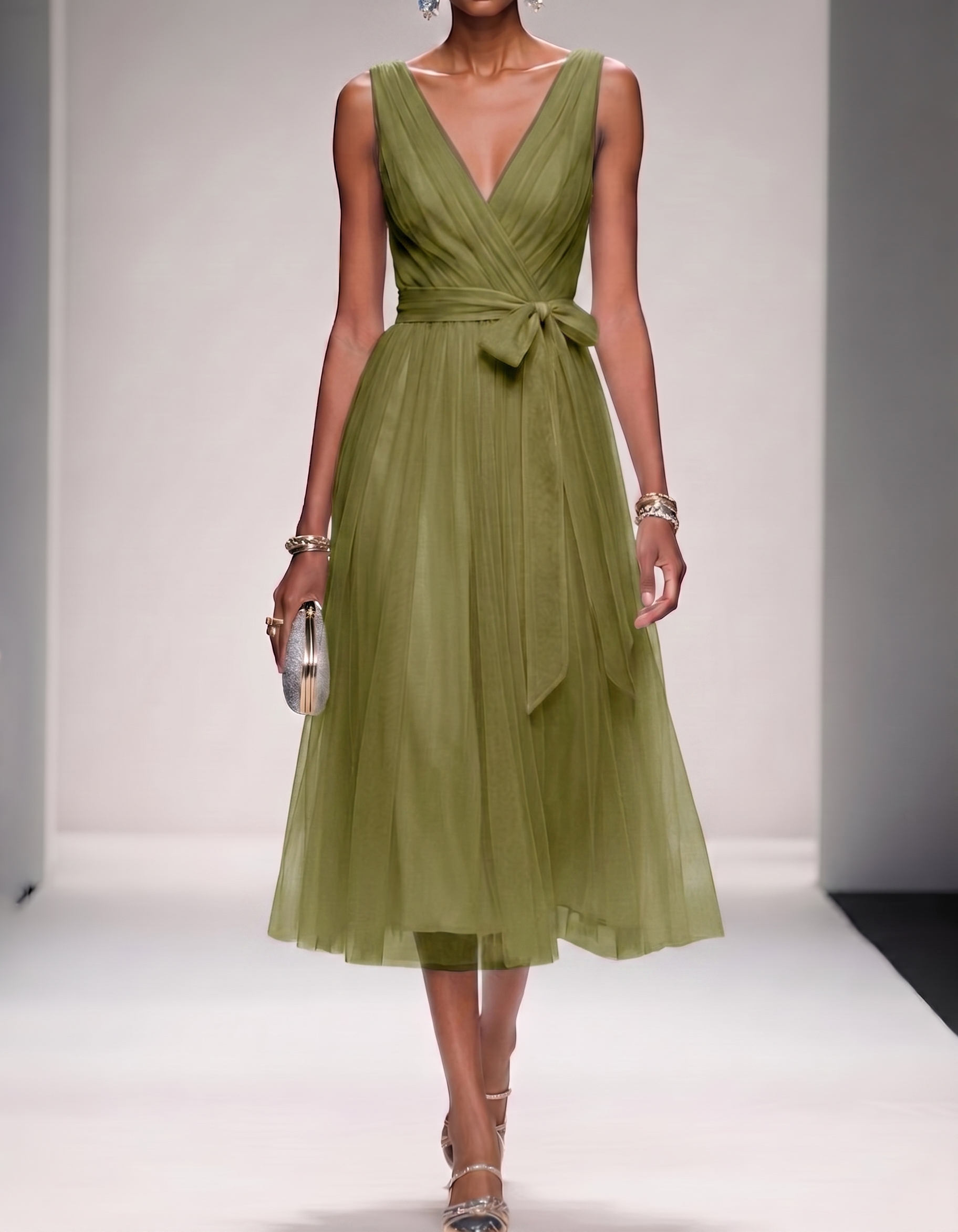 Mesh Chiffon V-Neck Belted A-Line Midi Dress