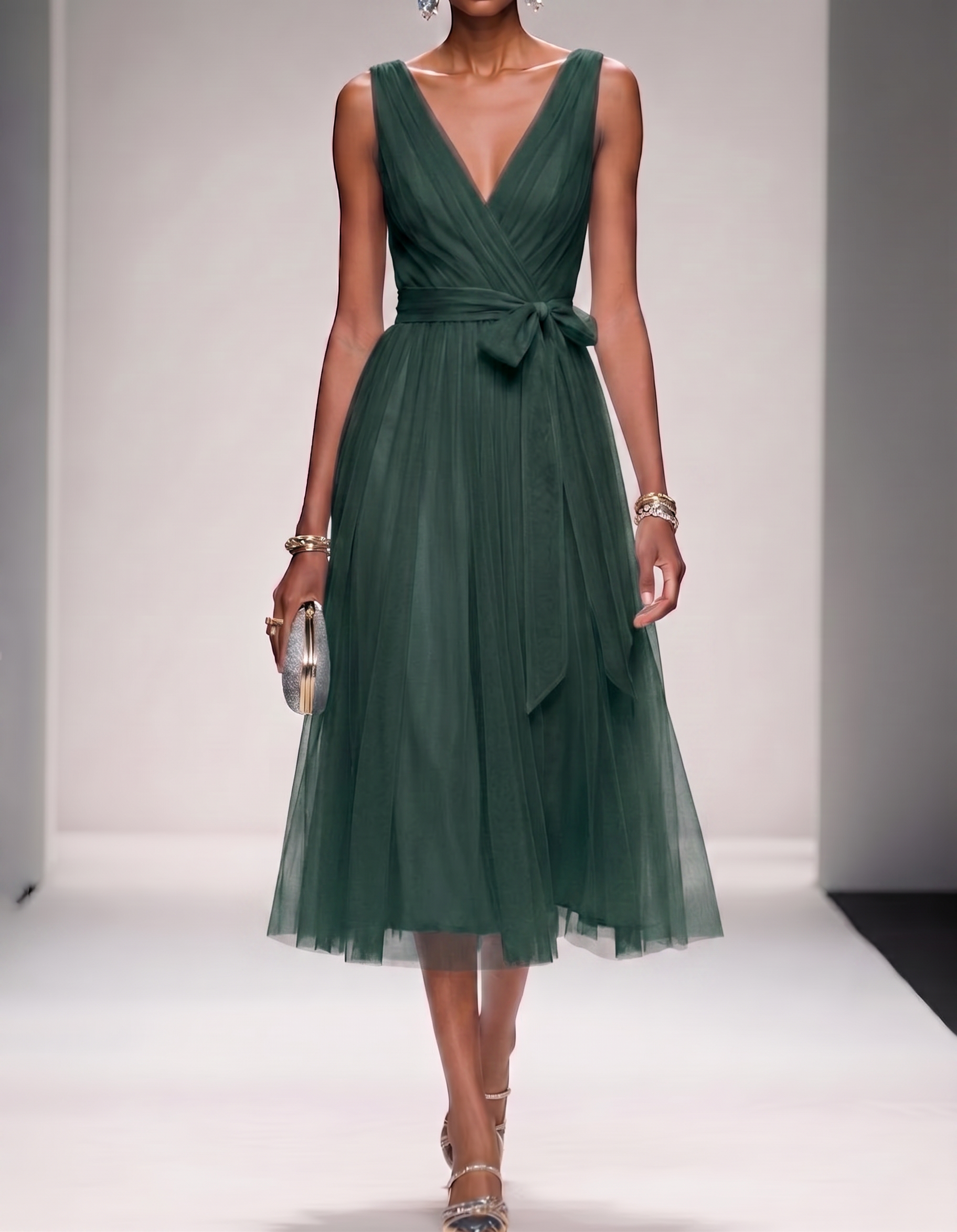 Mesh Chiffon V-Neck Belted A-Line Midi Dress