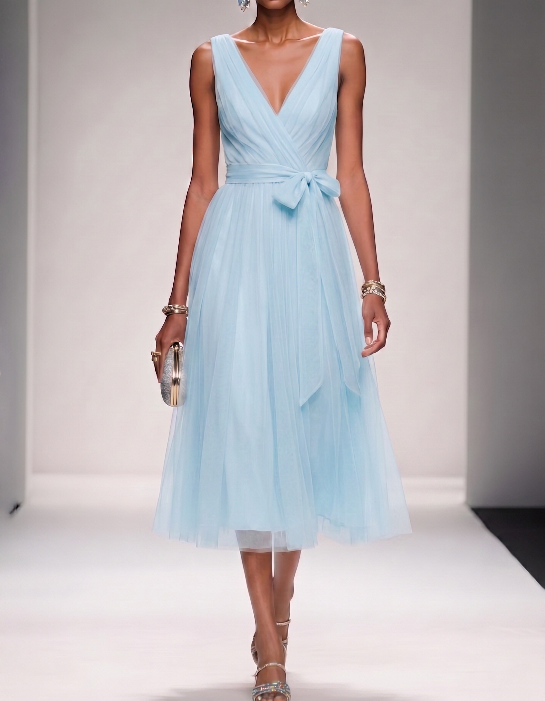 Mesh Chiffon V-Neck Belted A-Line Midi Dress