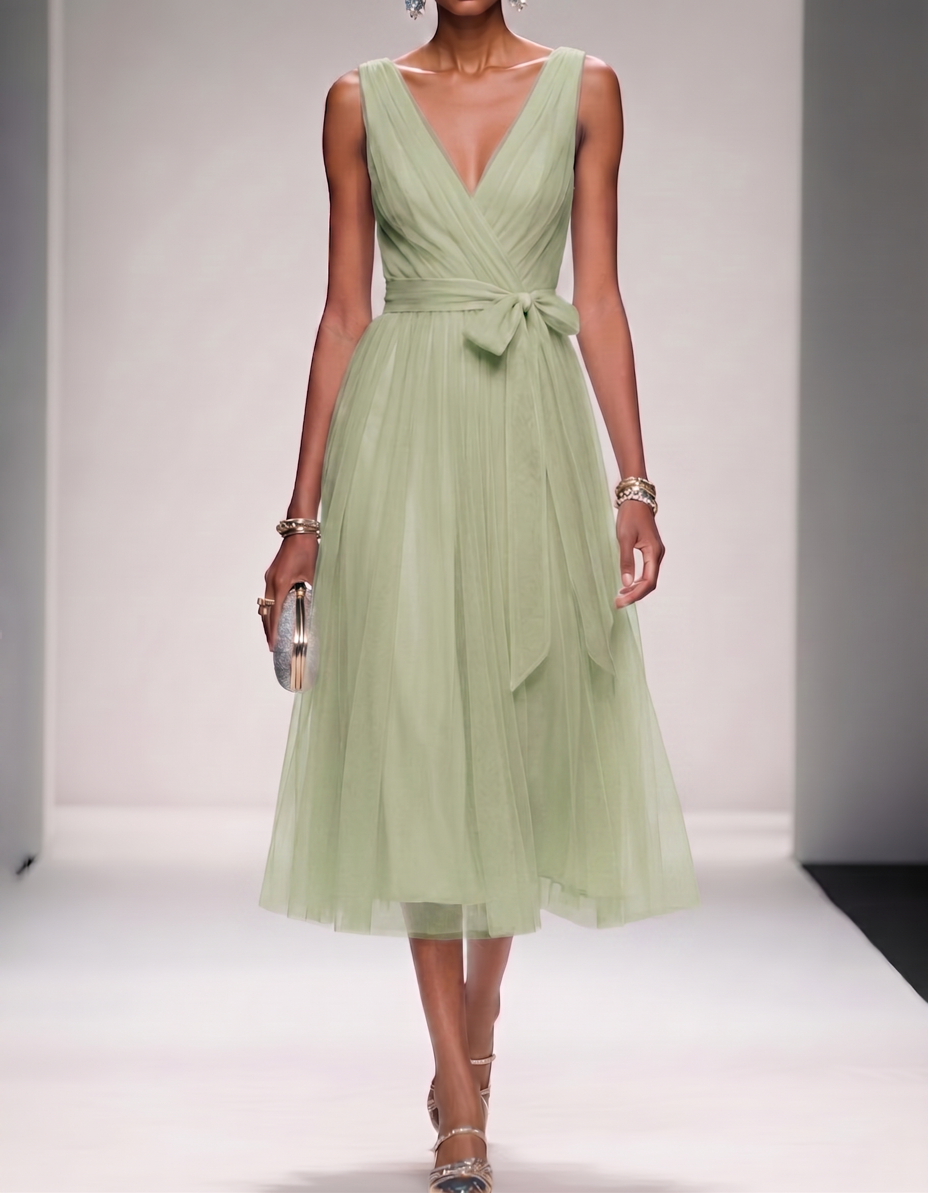 Mesh Chiffon V-Neck Belted A-Line Midi Dress
