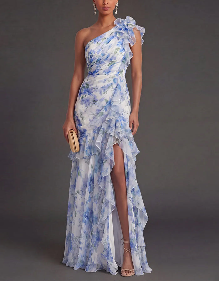 Blue And White Watercolor Floral One Shoulder Ruffled Chiffon With Slits Maxi Dress