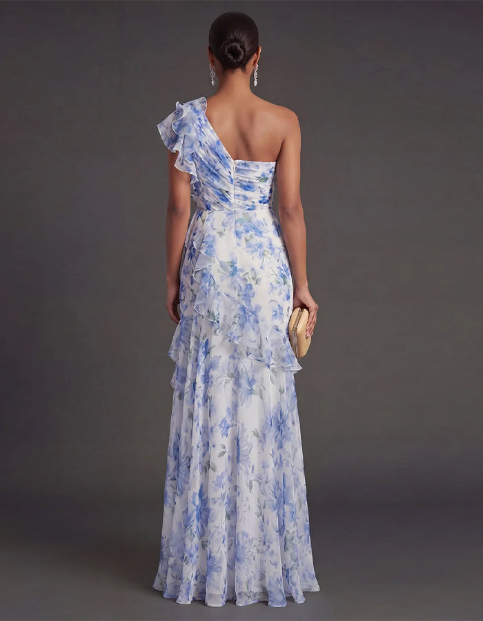 Blue And White Watercolor Floral One Shoulder Ruffled Chiffon With Slits Maxi Dress