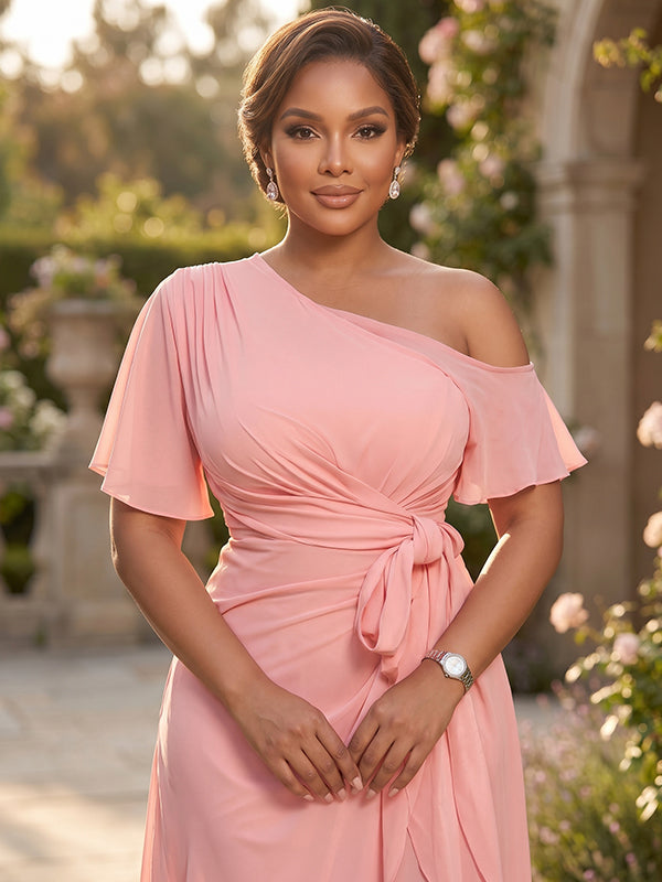 Pink Off Shoulder Asymmetrical Ruffled Chiffon Maxi Dress