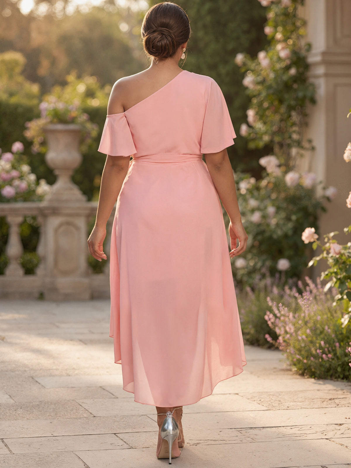 Pink Off Shoulder Asymmetrical Ruffled Chiffon Maxi Dress