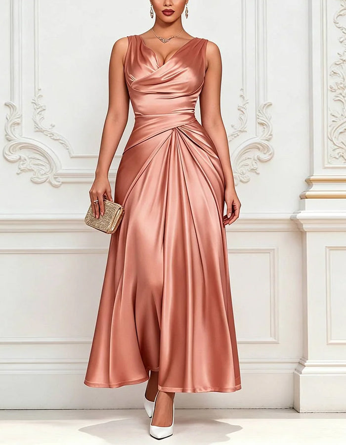 Vestido largo con cuello de satén rosa y pasta de judías rojas, con cintura retorcida