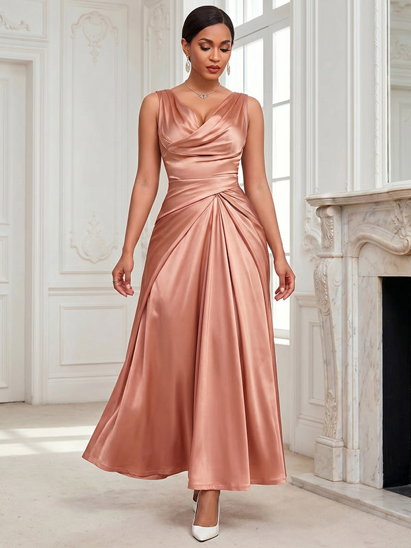 Red Bean Paste Pink Satin Collar With Twisted Waist Maxi Dress