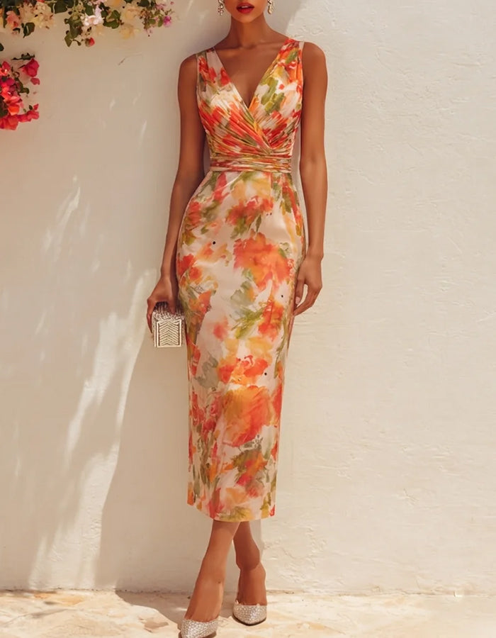 Orange Floral Chiffon V-Neck Sleeveless Midi Dress