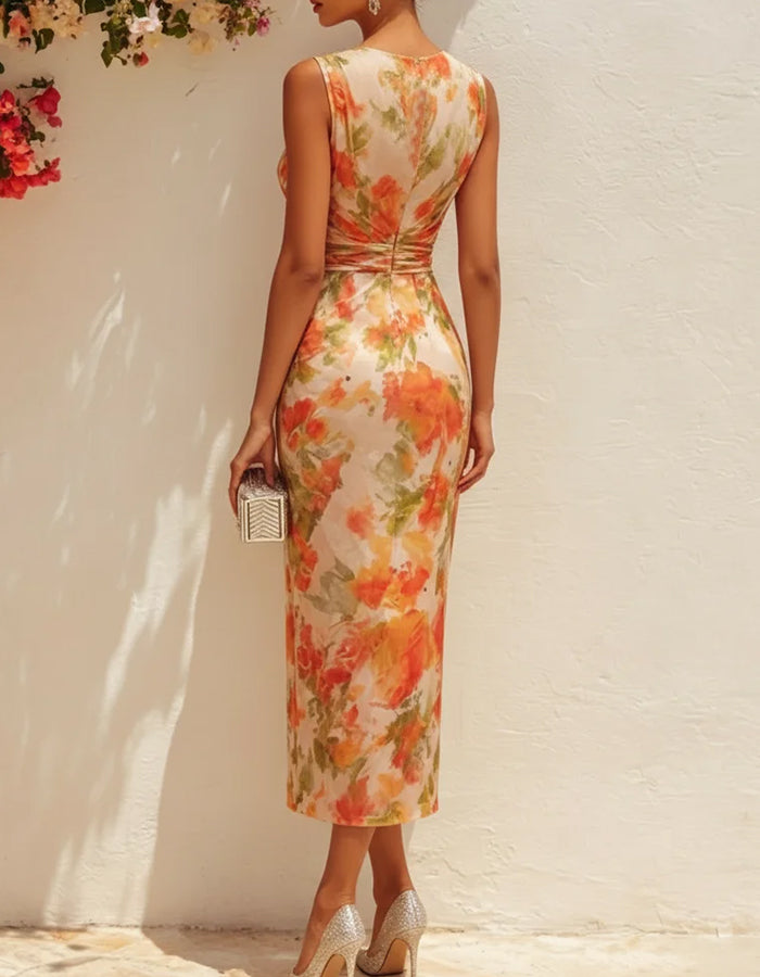 Orange Floral Chiffon V-Neck Sleeveless Midi Dress