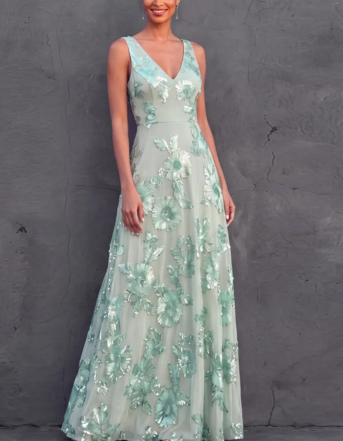 Mint Green Mesh Floral V-Neck Sleeveless Maxi Dress