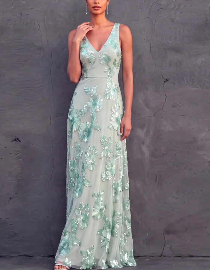 Mint Green Mesh Floral V-Neck Sleeveless Maxi Dress