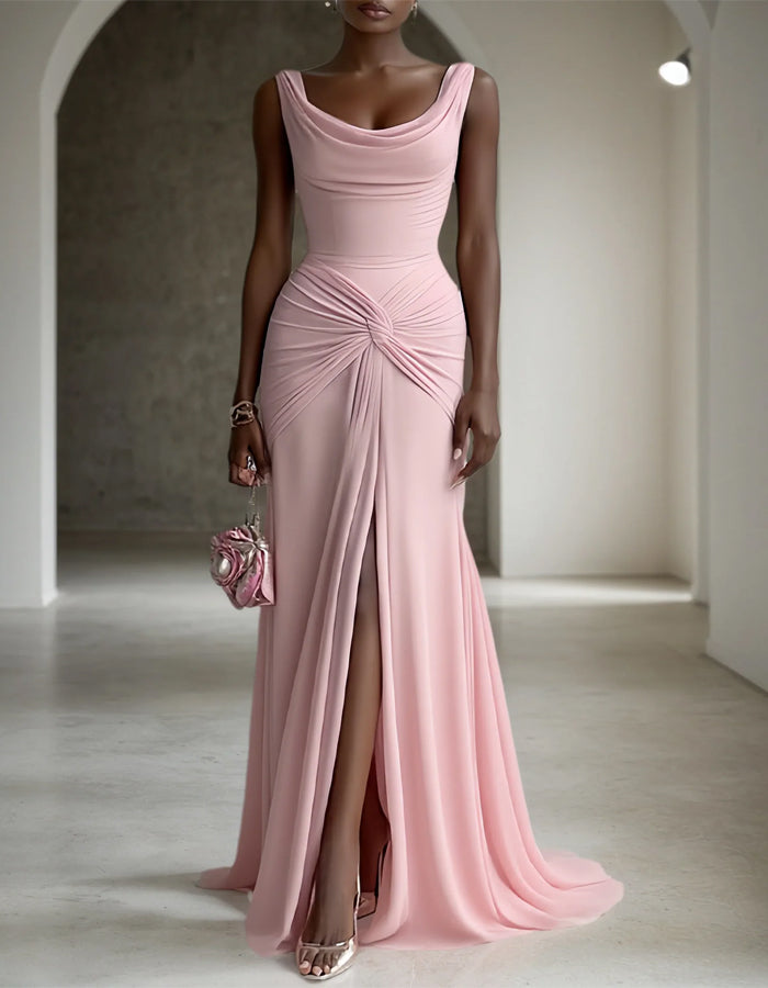 Pink Polka Dot Neckline With Twisted Slits Maxi Dress