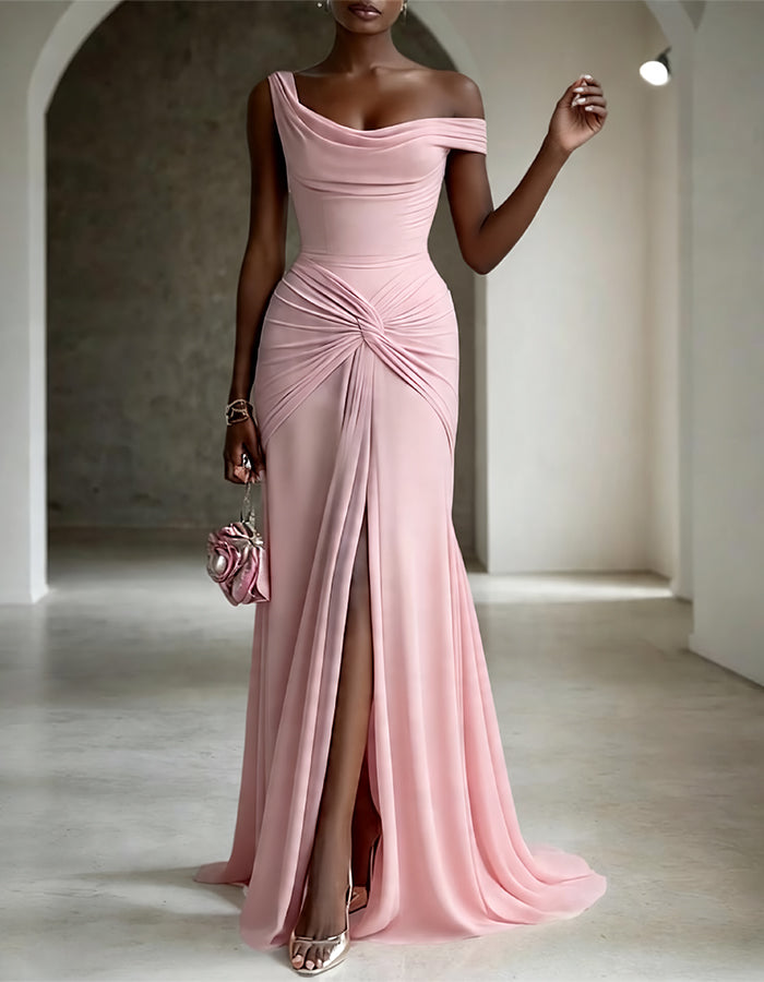 Pink Polka Dot Neckline With Twisted Slits Maxi Dress