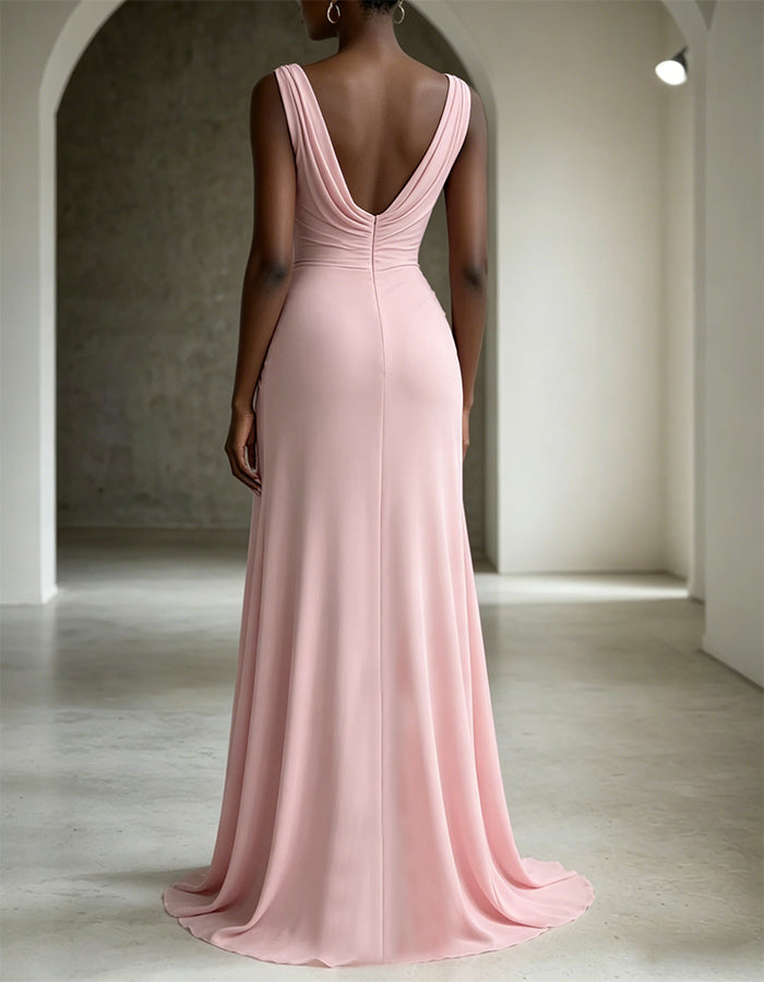 Pink Polka Dot Neckline With Twisted Slits Maxi Dress