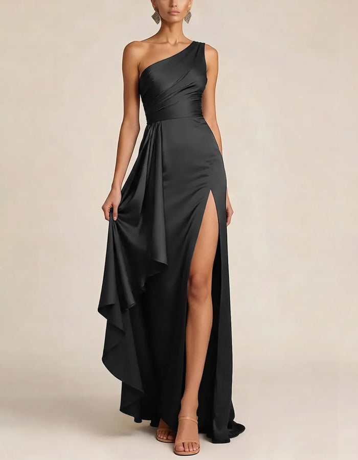 Solid Color Satin One Shoulder Twist Waist Cinched Slit Maxi Dress