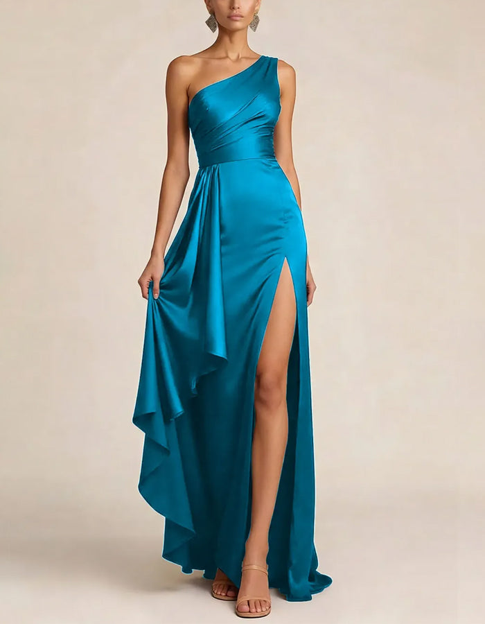 Solid Color Satin One Shoulder Twist Waist Cinched Slit Maxi Dress
