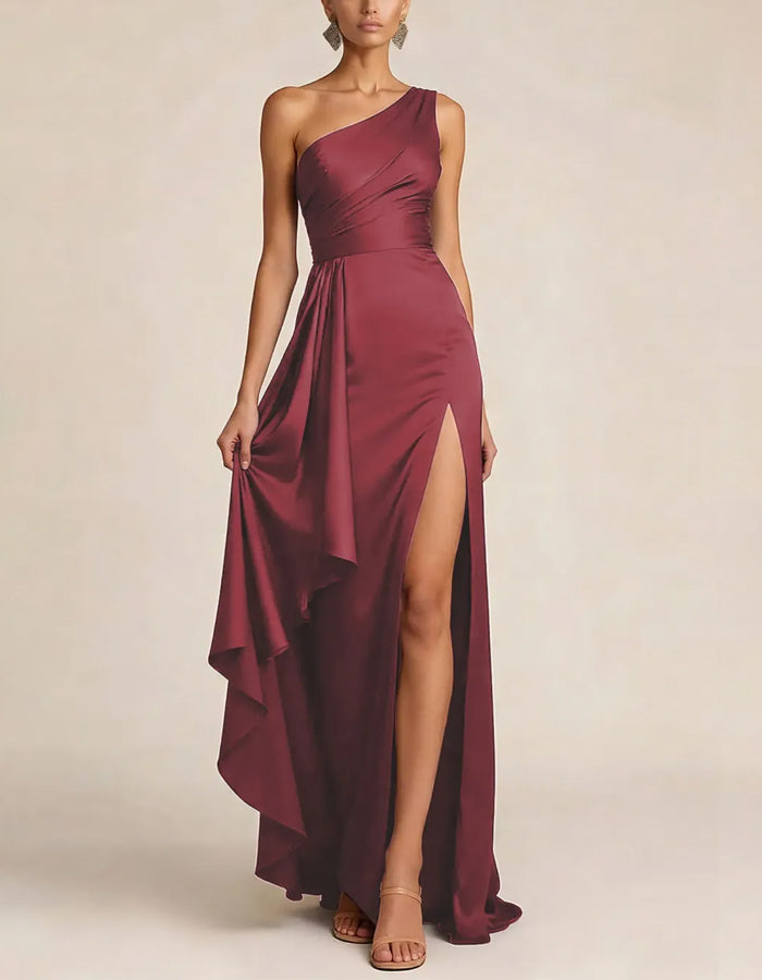 Solid Color Satin One Shoulder Twist Waist Cinched Slit Maxi Dress
