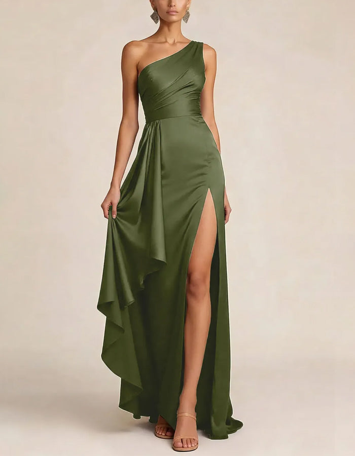 Solid Color Satin One Shoulder Twist Waist Cinched Slit Maxi Dress