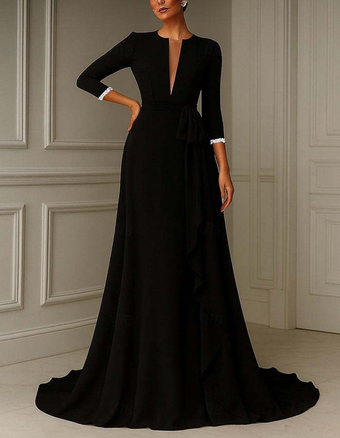 Solid Color Deep V-Neck Tie-up Ruffle Three-Quarter Sleeves Maxi Dress
