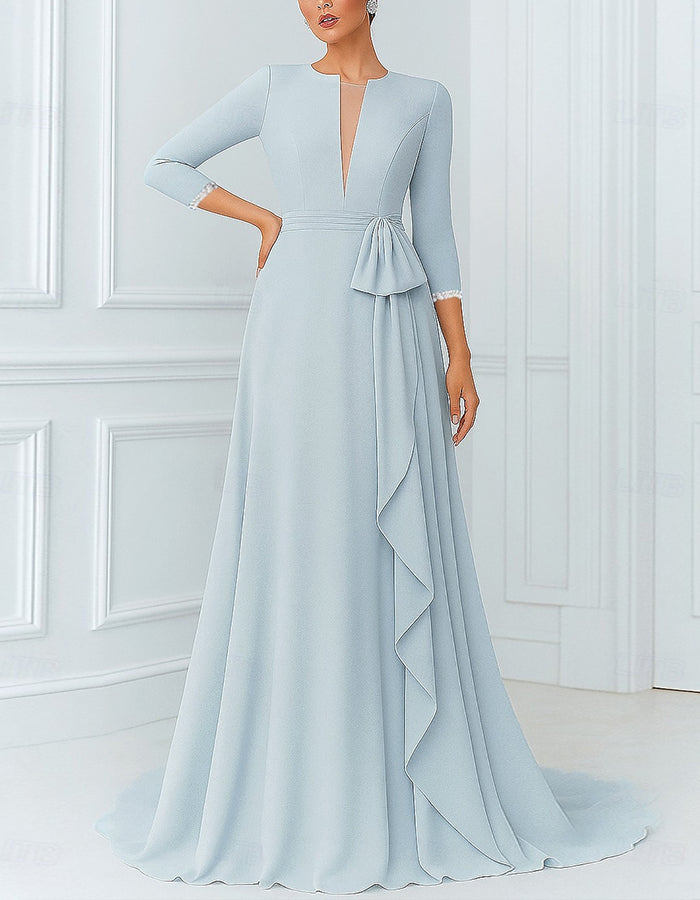 Solid Color Deep V-Neck Tie-up Ruffle Three-Quarter Sleeves Maxi Dress