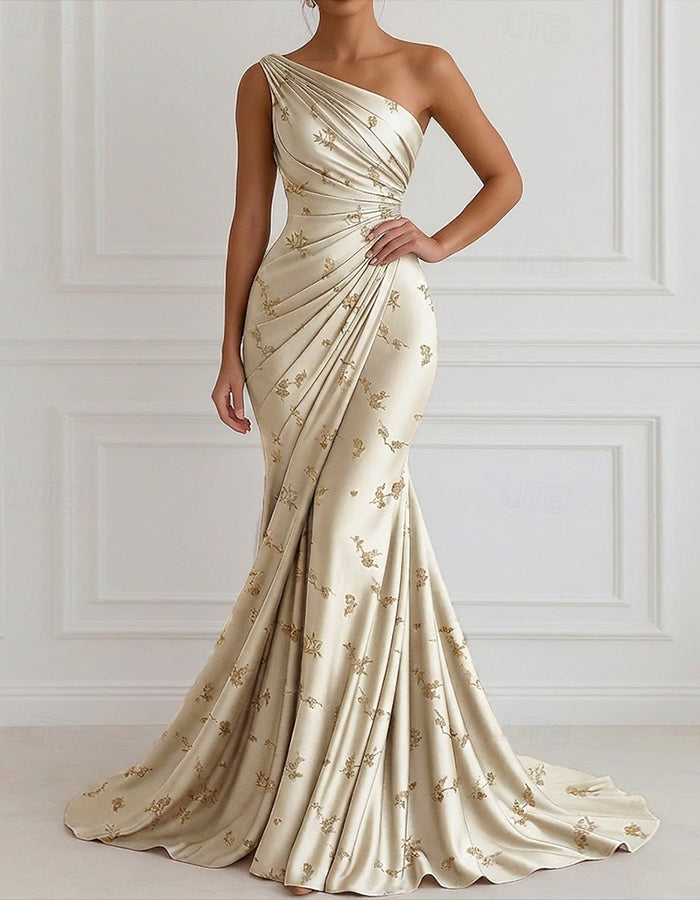 Solid Color Satin One Shoulder Knotted Floral Print Maxi Dress