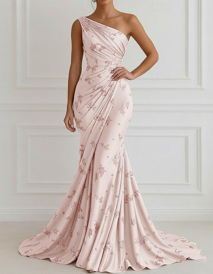 Solid Color Satin One Shoulder Knotted Floral Print Maxi Dress