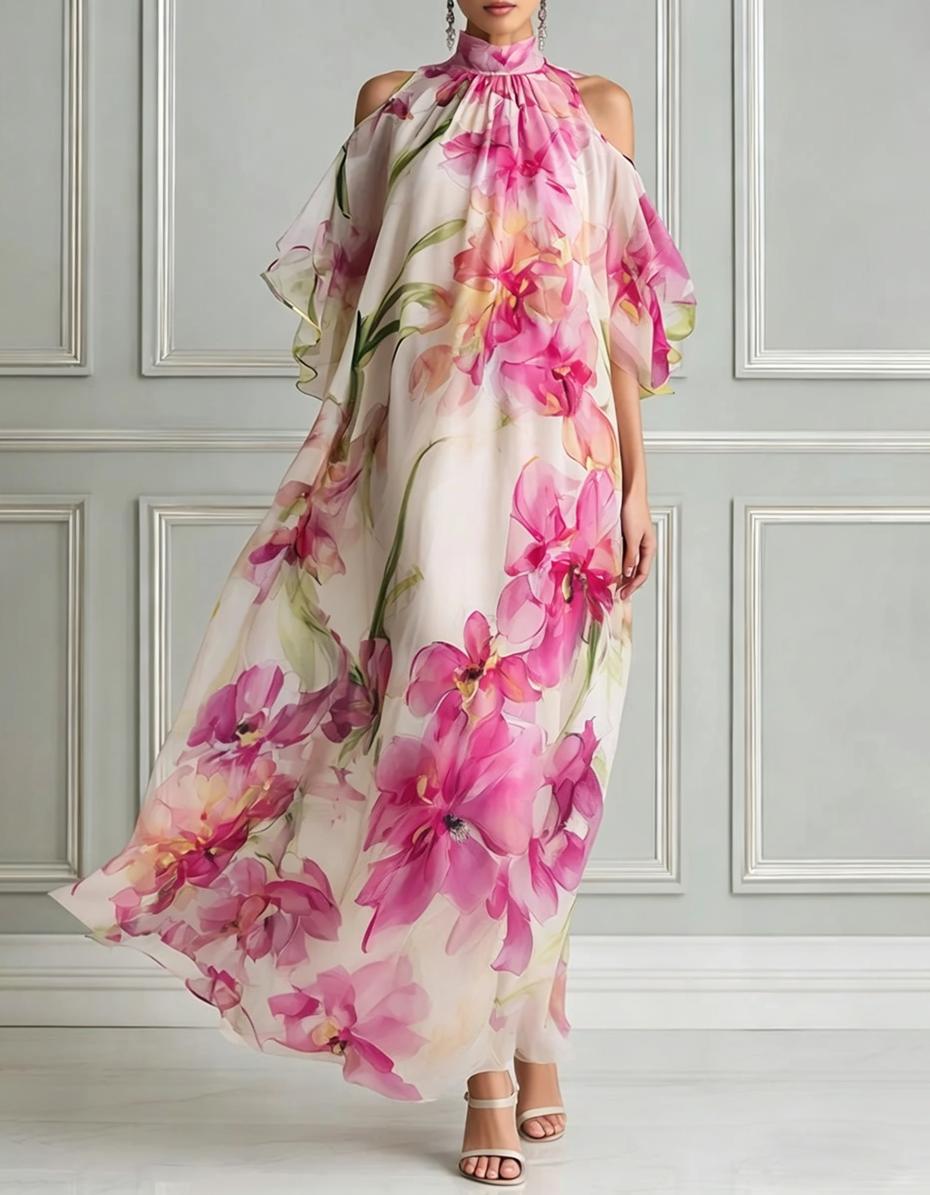 Rose Pink Chiffon Floral Print Halter Neck Off-Shoulder Maxi Dress