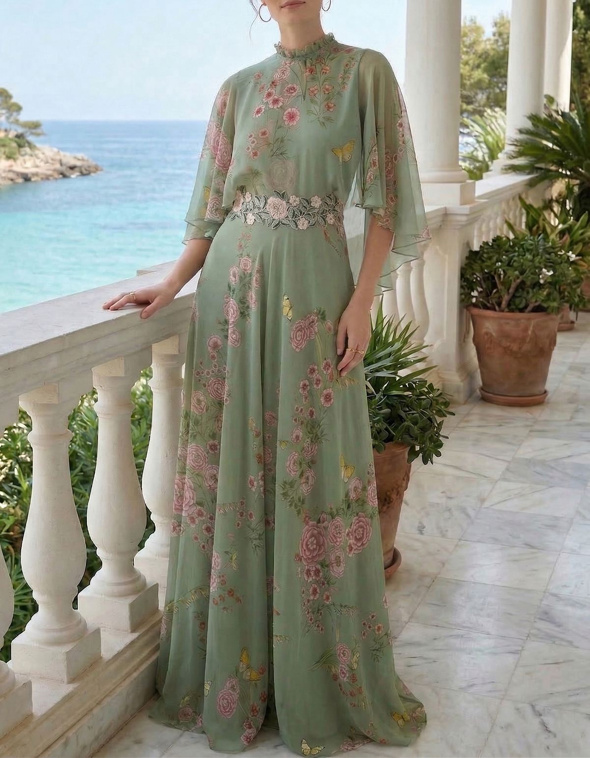 Olive Green Chiffon Printed Round Neck Maxi Dress