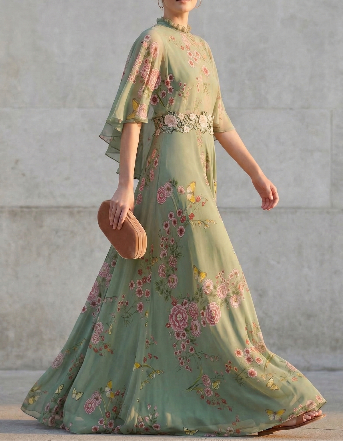 Olive Green Chiffon Printed Round Neck Maxi Dress