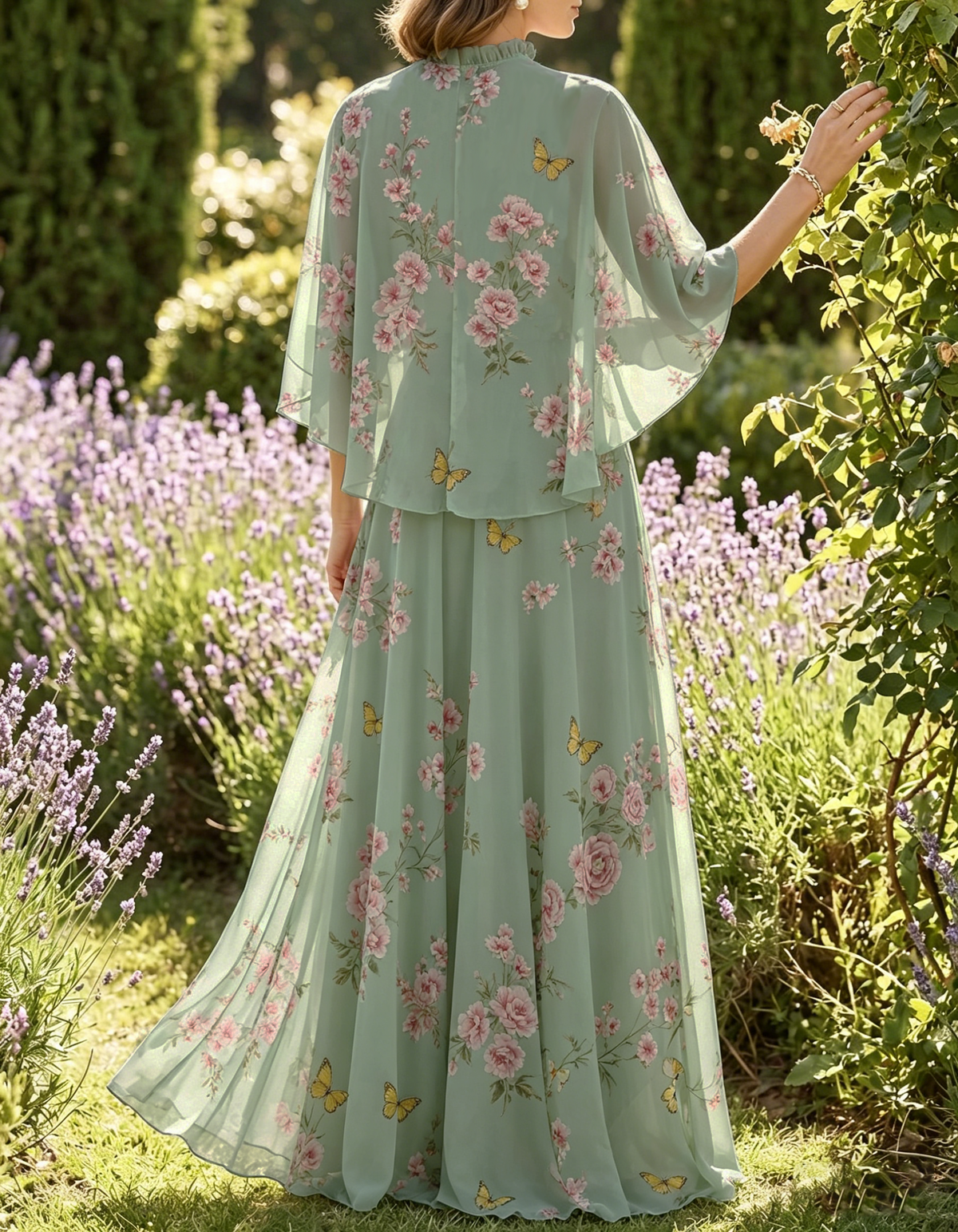 Olive Green Chiffon Printed Round Neck Maxi Dress