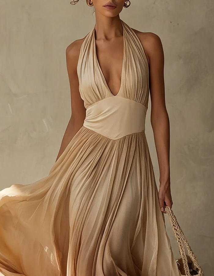 Beige Chiffon Halter Neck Ruched Bodice Maxi Dress