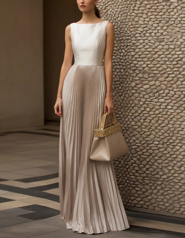 Light Beige Champagne Color Blocked Satin Boat Neck Sleeveless Pleated Maxi Dress