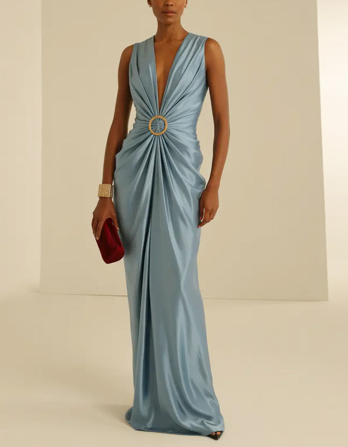 Blue Grey Satin Deep V-Neck Knot Maxi Dress