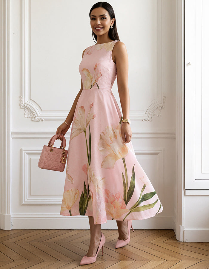 Pink Watercolor Tulip Boat Neck Sleeveless Fitted Waist Midi Dress