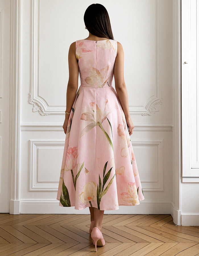 Pink Watercolor Tulip Boat Neck Sleeveless Fitted Waist Midi Dress