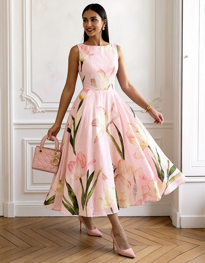 Pink Watercolor Tulip Boat Neck Sleeveless Fitted Waist Midi Dress