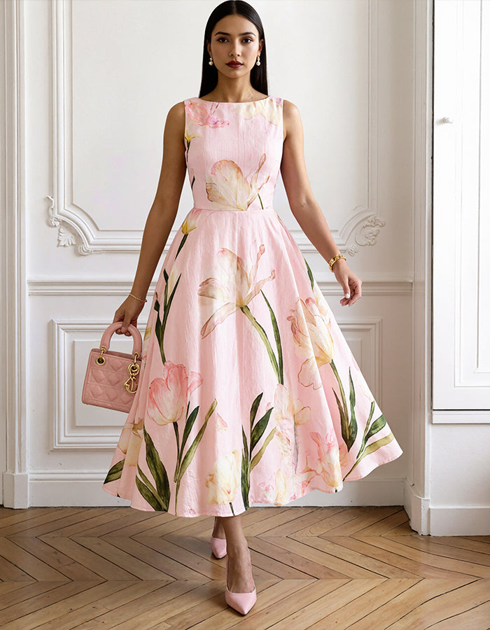 Pink Watercolor Tulip Boat Neck Sleeveless Fitted Waist Midi Dress